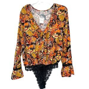 New Free People Orange Gold Floral Viscose Lace‎ Bodysuite Med